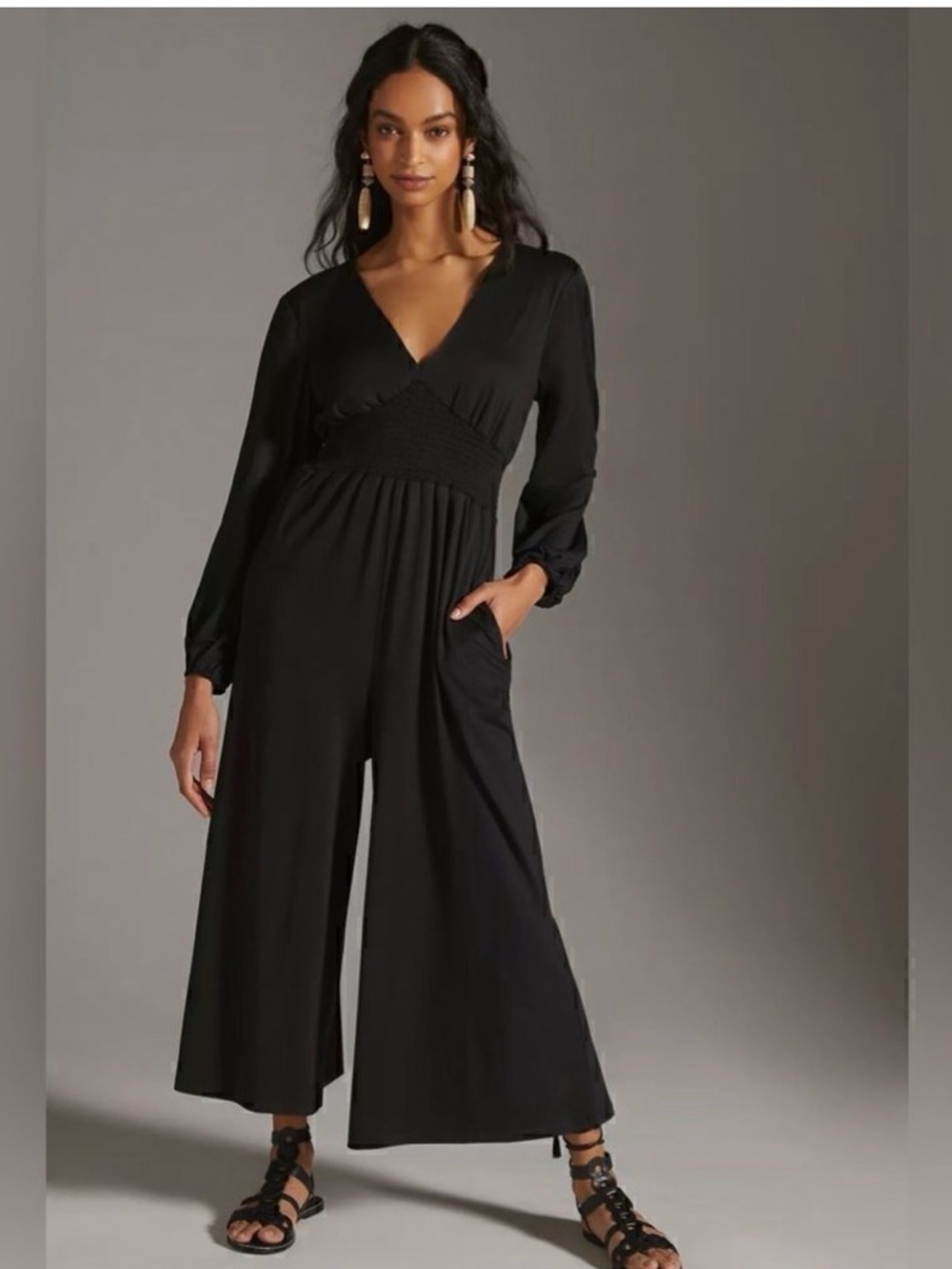 Anthropologie Hutch Black V-Neck Long-Sleeve Wide-Leg Jumpsuit